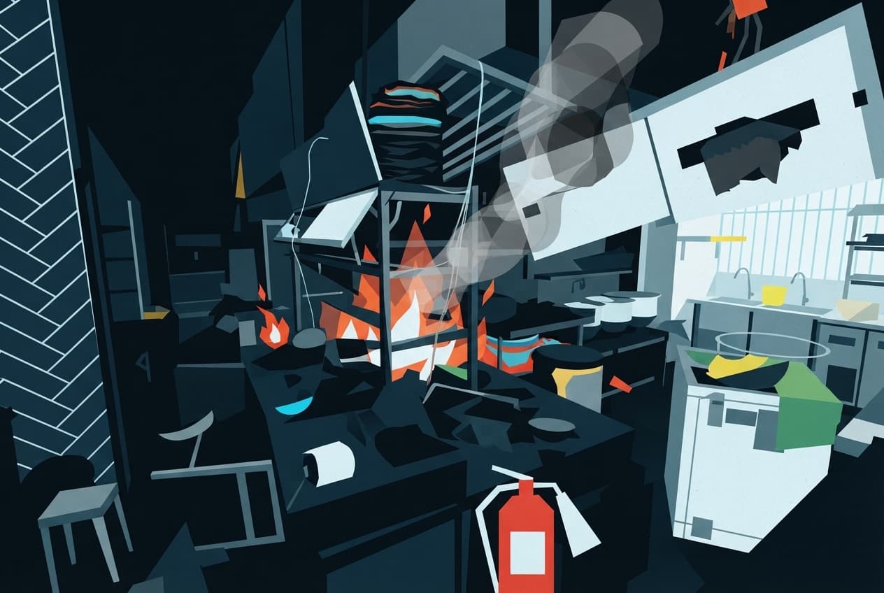 Flat illustration of Smoke, Flames, Wok, Fire extinguisher, Table, Stool